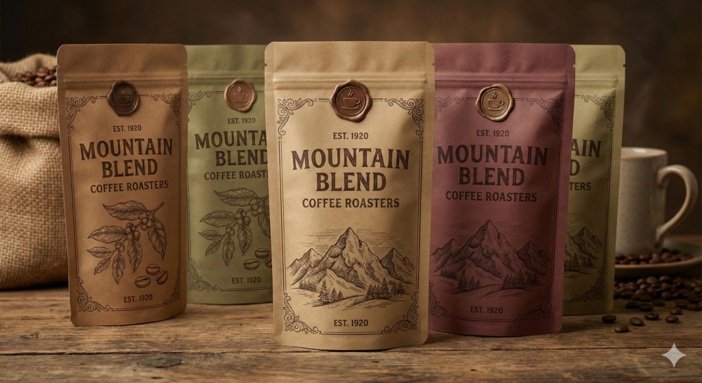 desain kemasan kopi bergaya vintage