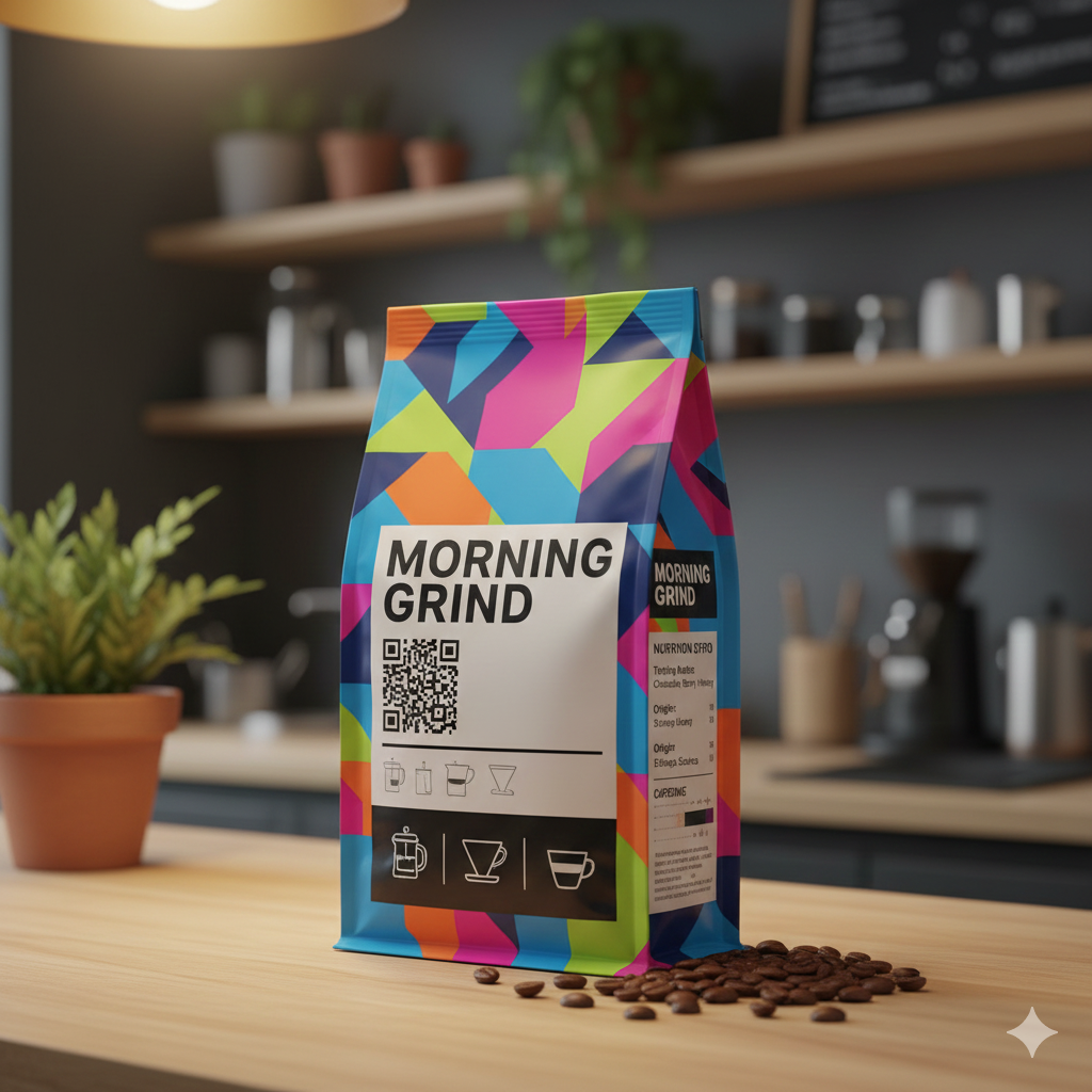 printed pouch kopi dengan QR code